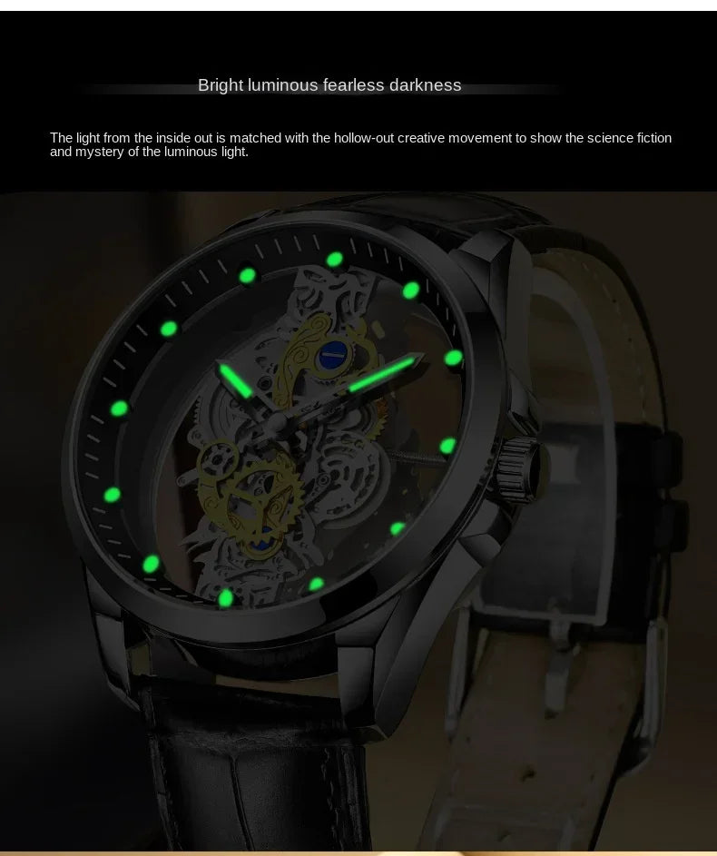 High-end Business Watch for Men's Watch Automatic Double Sided Transparent Hollow Waterproof and Luminous Quartz Watch for Men