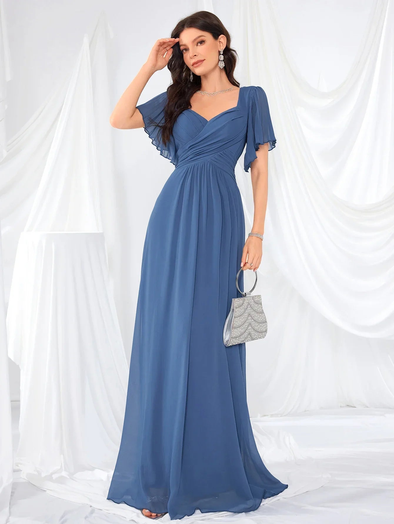 UNITHORSE Women's V-Neck Gathered Lace Trim Sleeve Chiffon Maid of Honor Dress