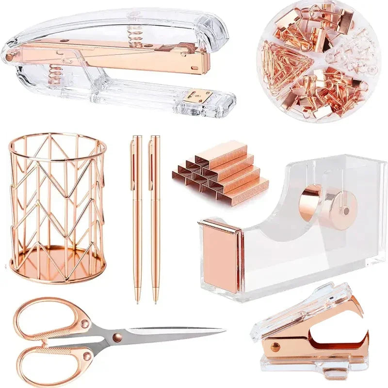 Complete Office Supplies Set -Acrylic Stapler Tape Holder Pen Holder Ballpoint Pens Scissors Binder Paper Clip Staples