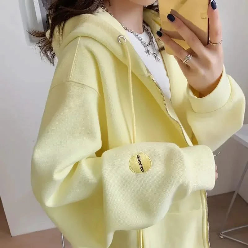 Casual Zip up Hooded Sweatshirt Candy Colour for Women Tops
