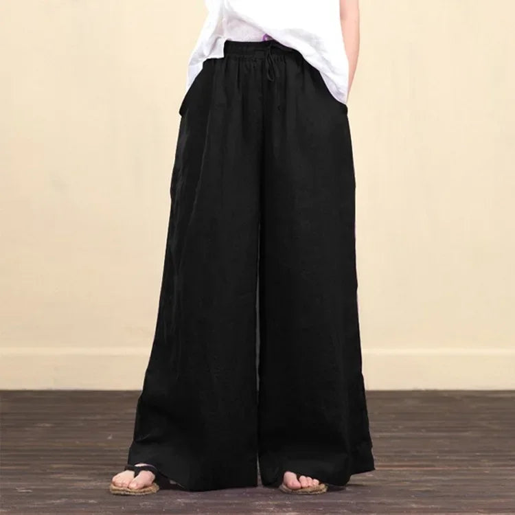 Women Wide Leg Pants Solid Loose Length Pants Cotton Linen Elastic Waist Casual Pants Vintage Mid Waist Pants 5XL