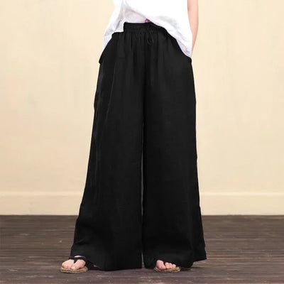 Women Wide Leg Pants Solid Loose Length Pants Cotton Linen Elastic Waist Casual Pants Vintage Mid Waist Pants 5XL