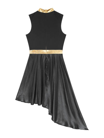 Women Lyrical Dance Dress Color Block Patchwork Invisible Zipper Back Flowy Asymmetrical Hem Sleeveless Dresses Dancewear