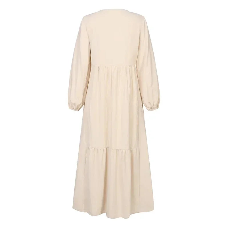 Vintage Cotton Linen Long Sleeve Dress Women Casual Autumn Maxi Robe V Neck Tiered Loose Vestido