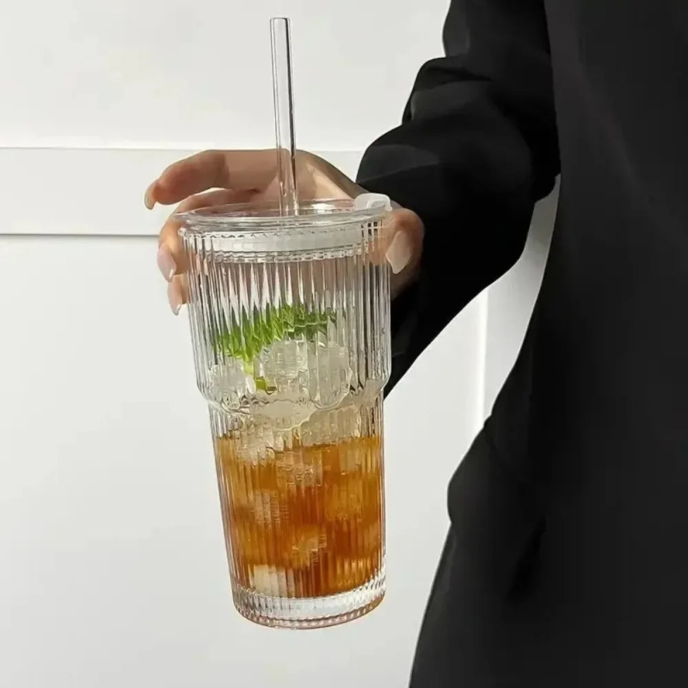 600ml Stripe Glass Cup with Lid and Straw Transparent Drinking Glasses for Juice Water and Iced Coffee Cups Mug Drinkware