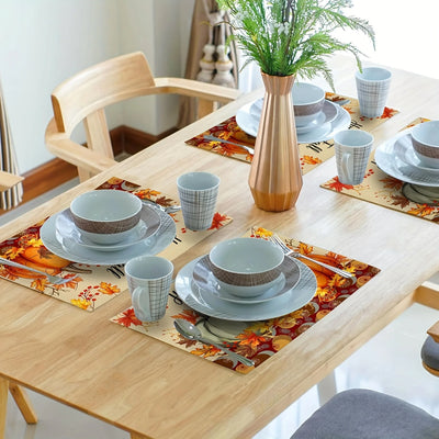 4pcs Thanksgiving Harvest Day Print Placemat Pumpkin Maple Leaf Vinyl Tableware Kitchen TableMat Coffe Cup Pad Non-slip Decorat
