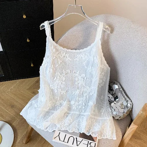 Ele Embroidered Lace Trim Csole Tank Top Women's Svel Summer Layering Vest Inner Wear Loose Fit Cotton 00%