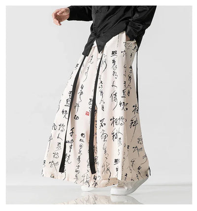 Wide Leg Pants Men's Ukiyo-e Print Elastic Waist Loose Trousers Mens Streetwear Japan Samurai  Casual Joggers Vintage Long Pants