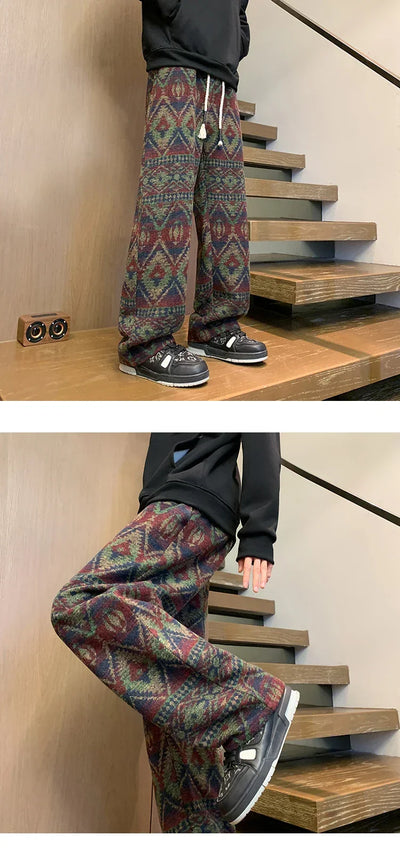 Wide leg pants Men's Vintage Geometric Knitted jacquard pants Casual Straight  Pants Ethnic Tribal Style Winter Trousers man