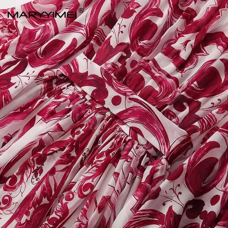 Seifrmann Spring Autumn Designer Women's V-neck Flying sleeve Lace up Print Loose Holiday robe Dresses