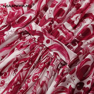 Seifrmann Spring Autumn Designer Women's V-neck Flying sleeve Lace up Print Loose Holiday robe Dresses