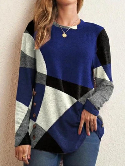European and American Women Casual Color Block Long Sleeve Buttons Top Dressy Casual  Geometric Tunic Tops Crewneck T Shirts