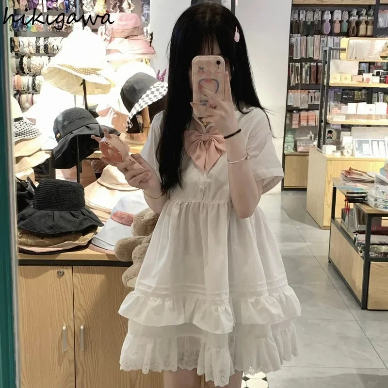 Sweet Summer Dress for Women Bow Tunic A-line Summer Robe Femme Short Sleeve Ruffles Cute Loose Dresses 2025 Vestidos De Mujer