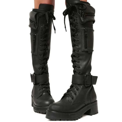 Knee High Boots Women Cool Goth Zipper Design Pocket Lace Up Chunky Heel High Quality Shoes Woman Fashion Popualr Big Size 35-43