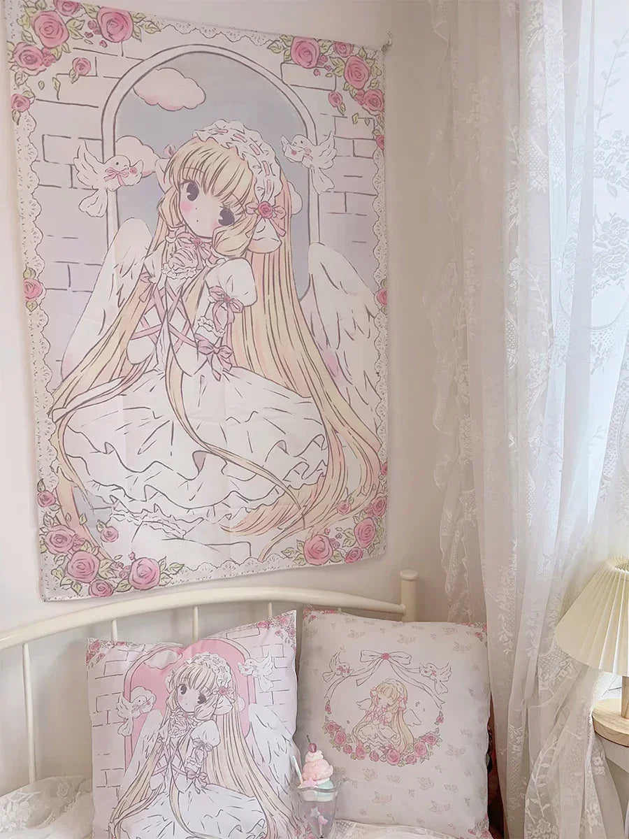 Cute Anime Girl Tapestry Background Cloth Home Decor Kawaii Girl's Room Decorating Items Cartoon Wall Hanging Pink Tapestry