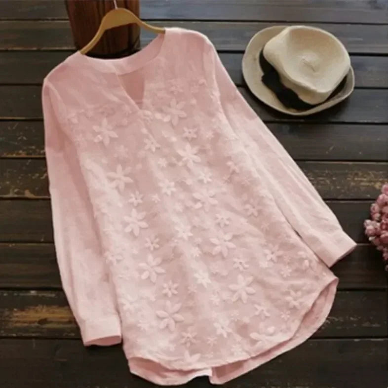 Embroidery Lace Linen Women's Plus Size V Neck Tops