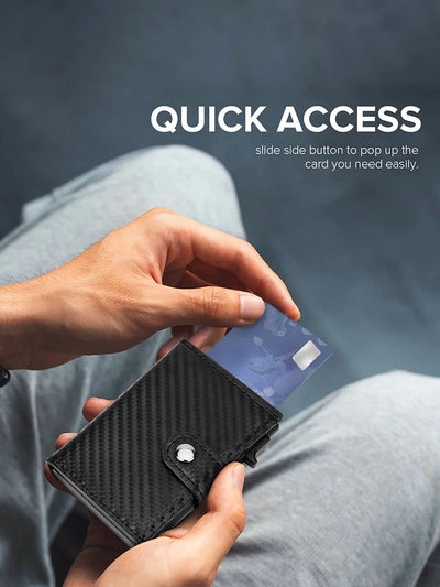 Black carbon fiber RFID credit card holder with pop-up AirTag wallet