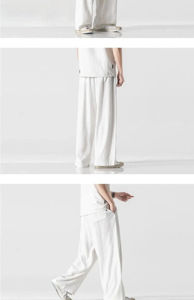 Summer Large Size Linen Cotton Wide Leg Pants Men Casual Comfortable Loose Fit Straight Leg Trousers Long Pants