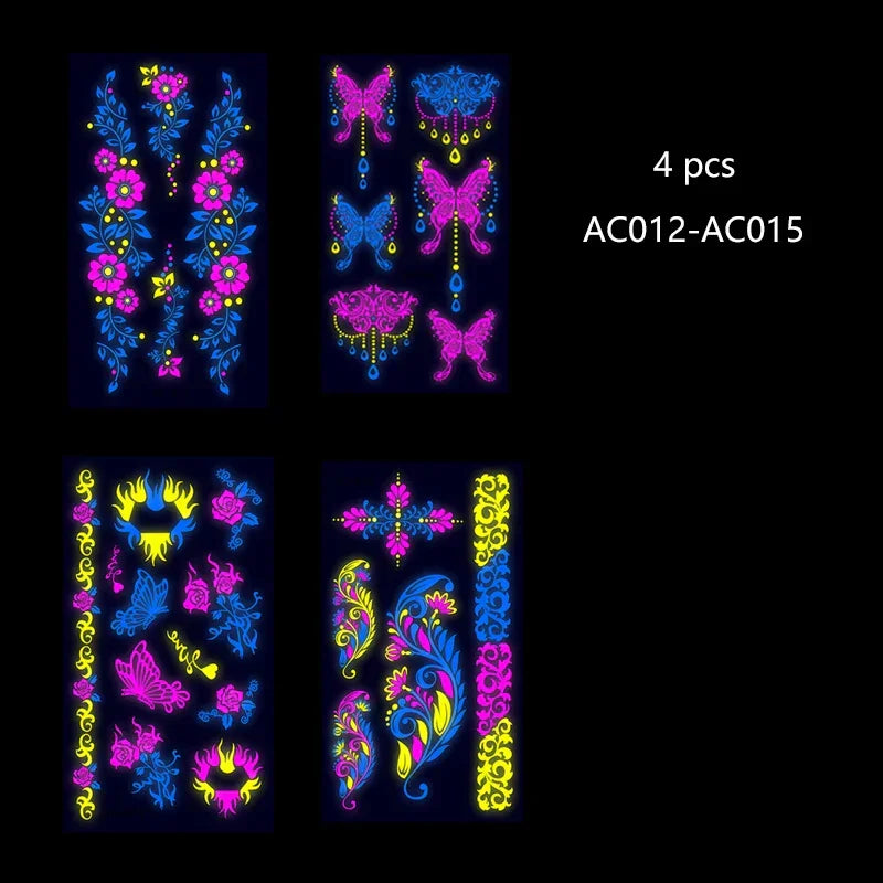 Temporary Fluorescent Tattoos Flower Feather Animals Pattern Body Arm Leg Face Stickers Night Bar Party Music Festival