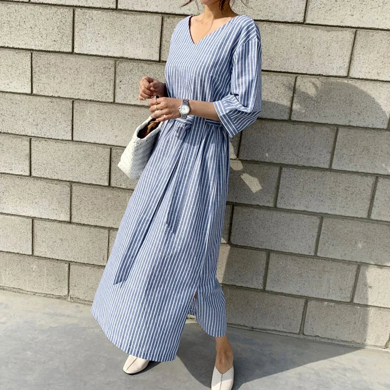 2021 Summer Striped Cotton Linen Long Dress Women Fashion Loose Vestidos Vintage V-neck Half Sleeve Dress for Women Loose