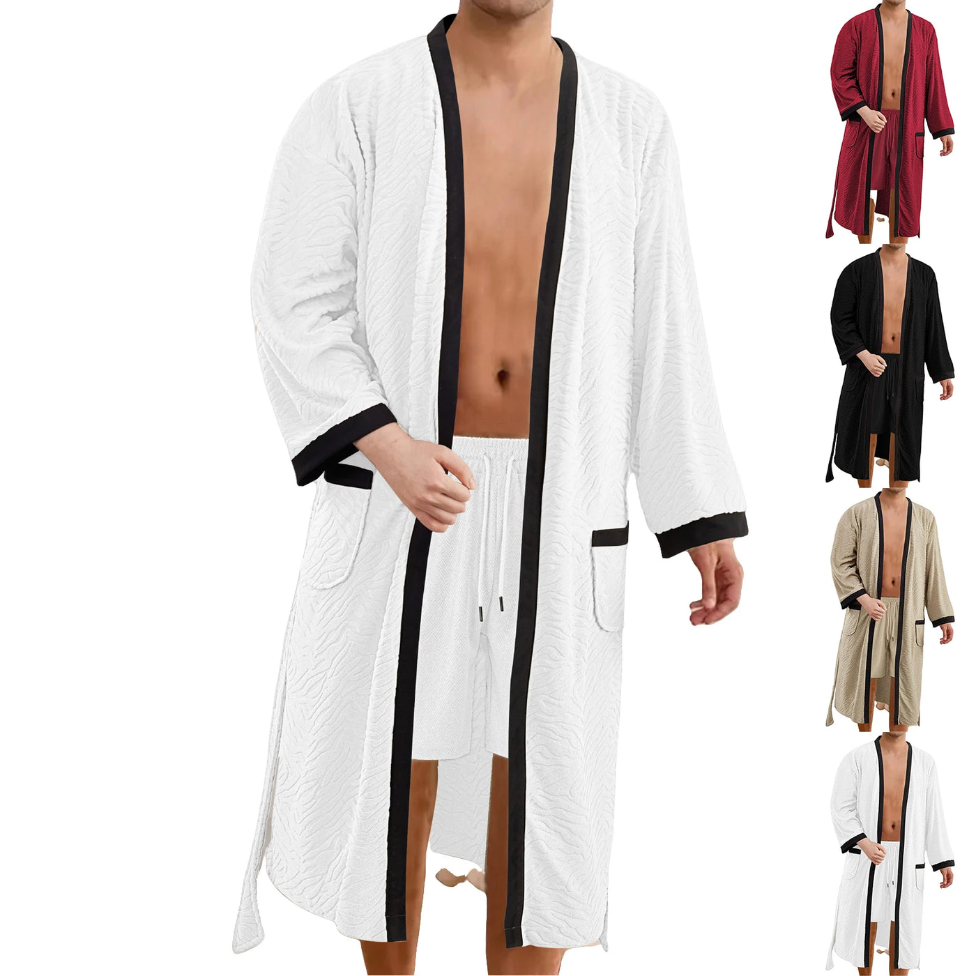 Men's Long Jacquard Soft Belted Bathrobe