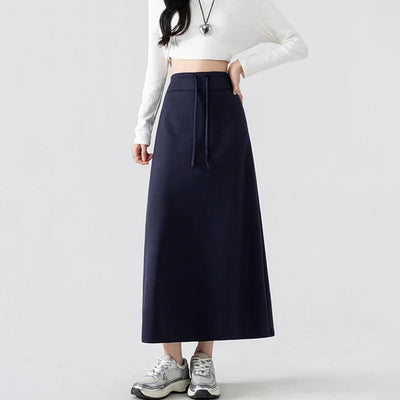 Simple Solid Color Long Skirts for Women Autmn Winter Chic Back Slit A-Line Midi Skirt Elegant Drawstring All Match Maxi Skirts