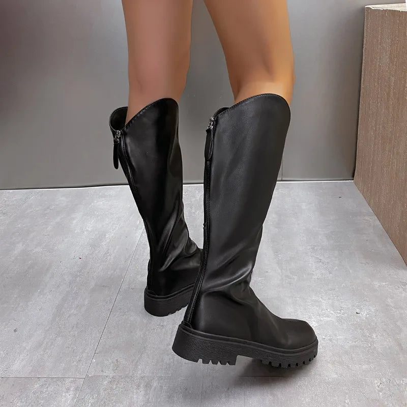 2025 New style knee-high boots for women, retro black thick-soled riding boots, fashionable, versatile and slimming long boots.
