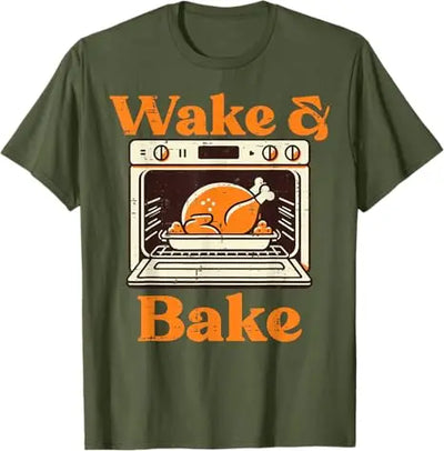 Thanksgiving Wake and Bake Funny Turkey Day Dad Men Women T-Shirt Humorous Thankful Graphic Outfit Short Sleeve Saying Tee Tops