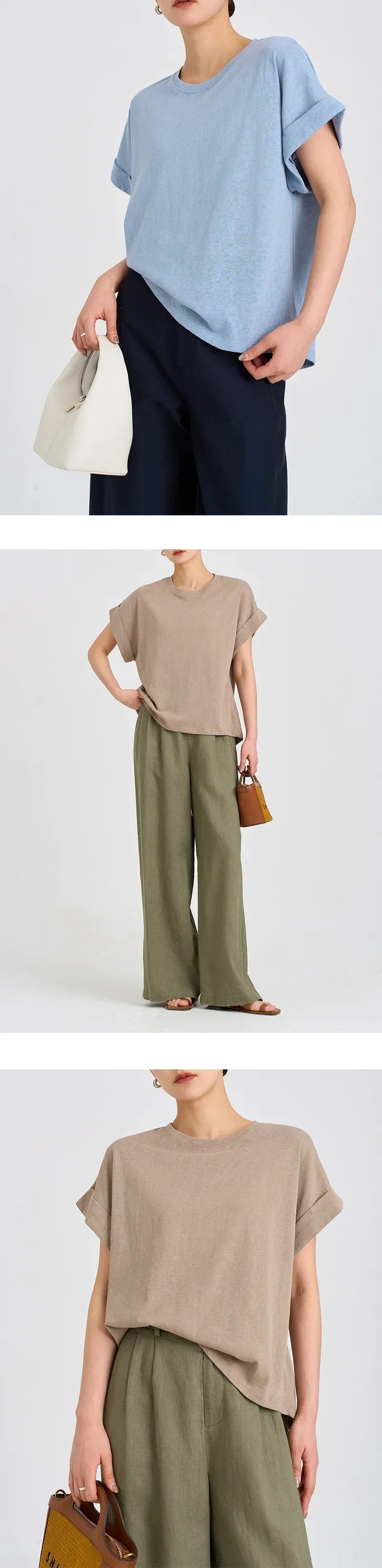 Women Linen Tops Crew Neck