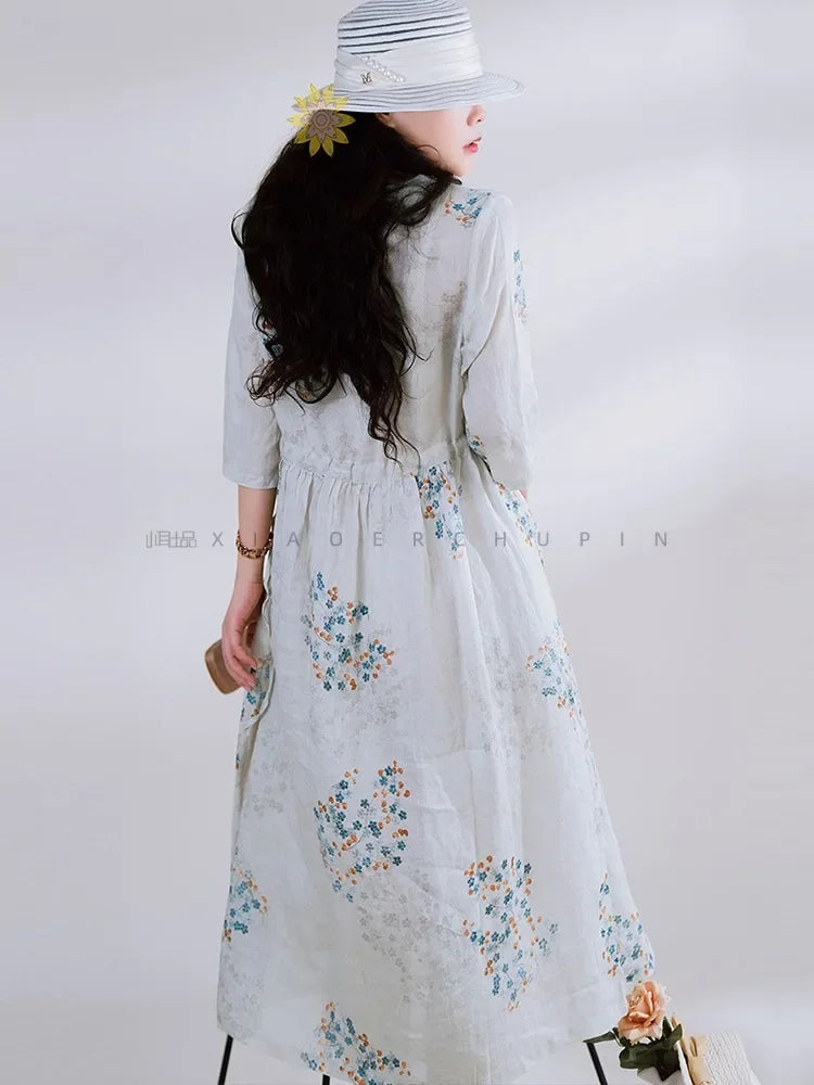 Summer Dress Women 2025 Long Print Elegant Clothing Vintage Elastic Waist Korean Beach Style V-Neck Fashion Robe Ropa De Mujer