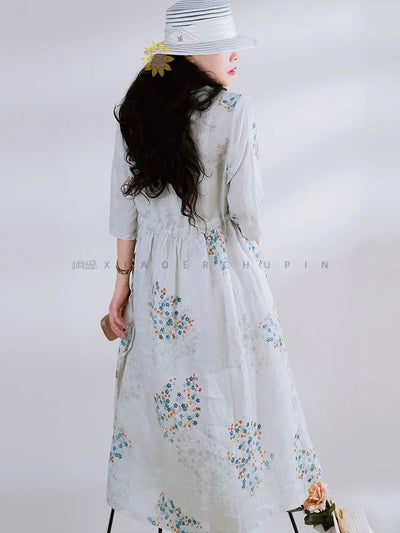 Summer Dress Women 2025 Long Print Elegant Clothing Vintage Elastic Waist Korean Beach Style V-Neck Fashion Robe Ropa De Mujer