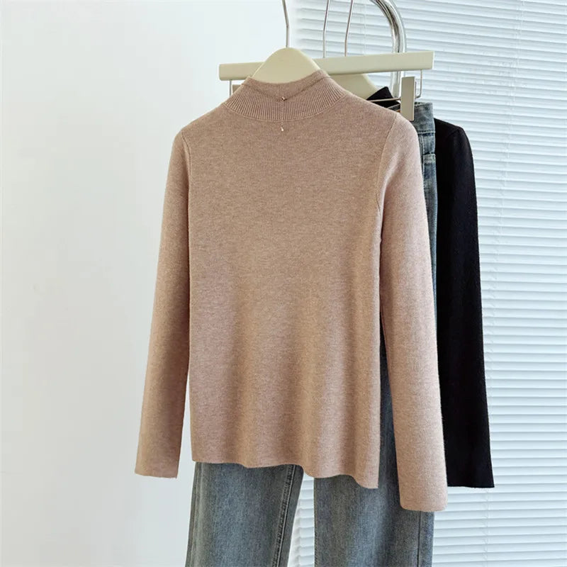 Sweaters Autumn Women Mock Neck Ruffles Sweater Long Sleeve Knitted Bottoming Solid Pullovers Jumpers Casual Sweater Winter