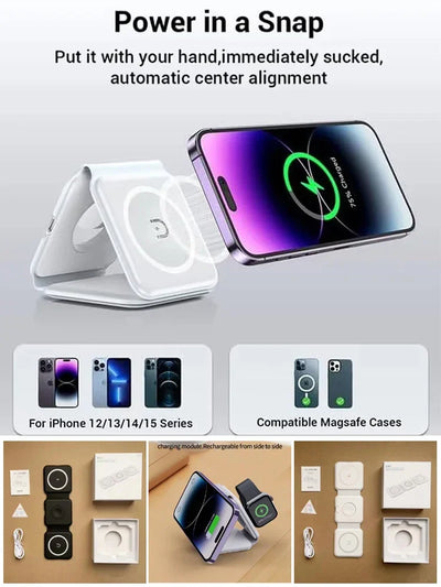 Wireless Charger 3 in 1 Charging Station for iPhone 15/14/13/12 Series Travel Charger for Multiple Devices for AirPods 3/2/Pro A