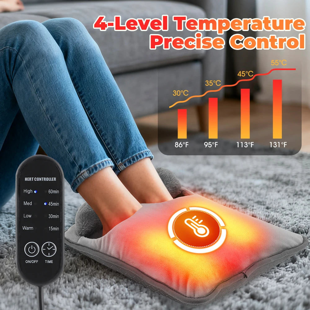 Heating Foot Warmer Massage Pad Super Soft Plush Electric Foot Warming Device for Winter Timing Home Office 4 Levels Temperature