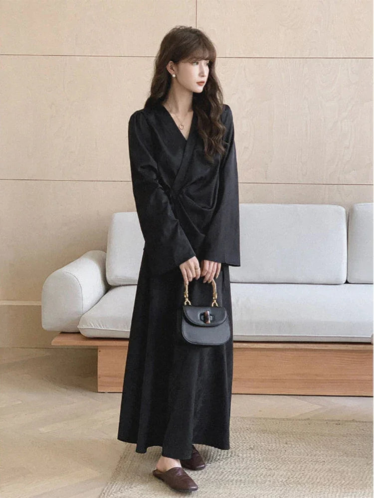 Black Dresses Women Long Sleeve Slim Fit Design Spring Temper Chineses Chic All-match Vintage Fashion Ladies High Waist Vestido