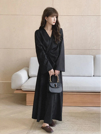 Black Dresses Women Long Sleeve Slim Fit Design Spring Temper Chineses Chic All-match Vintage Fashion Ladies High Waist Vestido