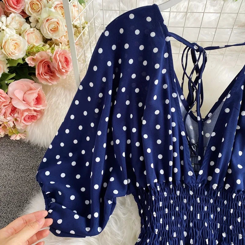 V Neck Sexy Dolman Sleeves Waist Slim Polka Dot Print Jumpsuit Women Wide Leg Trousers Jumpsuit