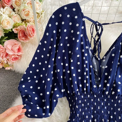 V Neck Sexy Dolman Sleeves Waist Slim Polka Dot Print Jumpsuit Women Wide Leg Trousers Jumpsuit