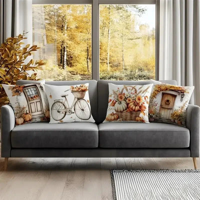 Home Decor Autumn Scenes: Door, Bicycle, Basket Decor Pattern Cushion Cover Suitable for Sofa Bedroom Car Pillow Cover