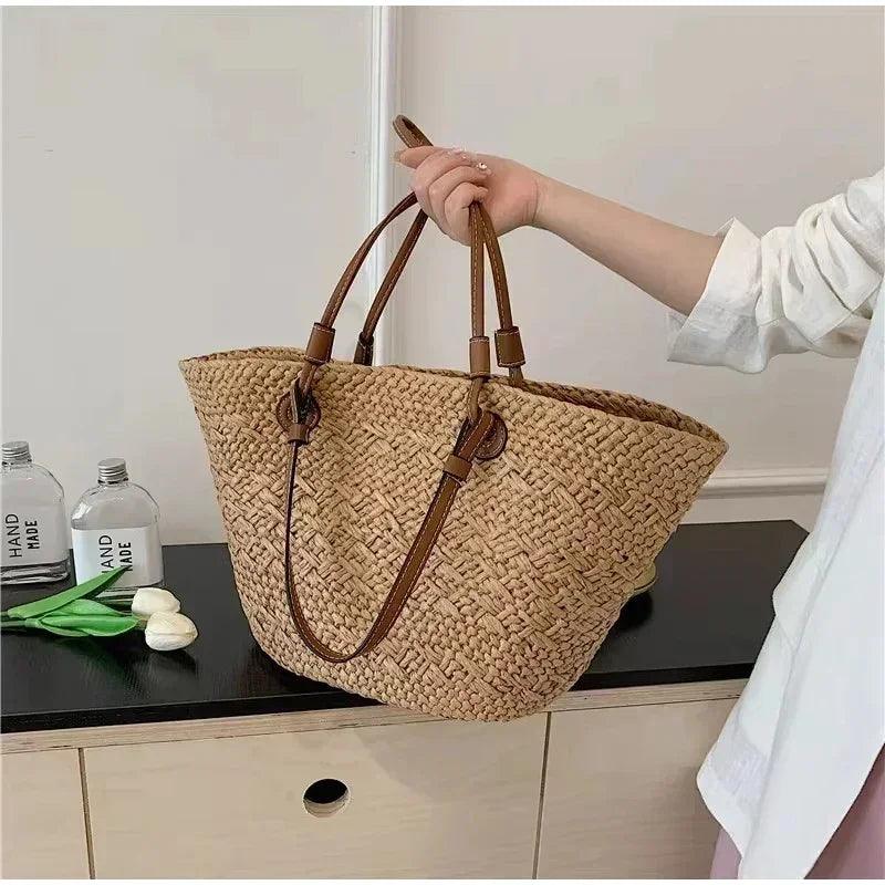 Designer bohemian chic shoulder bag,solid color large capacity straw woven tote bag,nature-inspired beach vacation