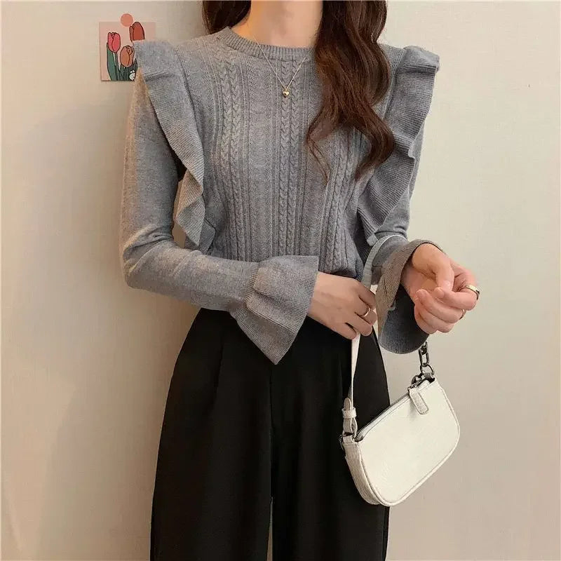Ladies Sweaters Pullovers Round O Neck Grey Knitted Top for Women Jersey Winter 2025 Jumper Economics Long Sleeve Thermal Blouse
