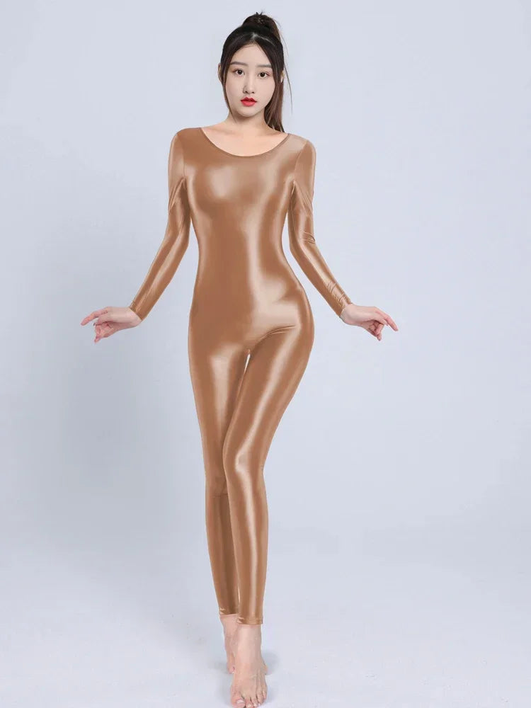 Women's Sexy Yoga Shaper Jumpsuit Dance SM Wear Oil Glossy High Elastic Long Sleeves Bodysuit Sheer Slip Satin Slimming Tights