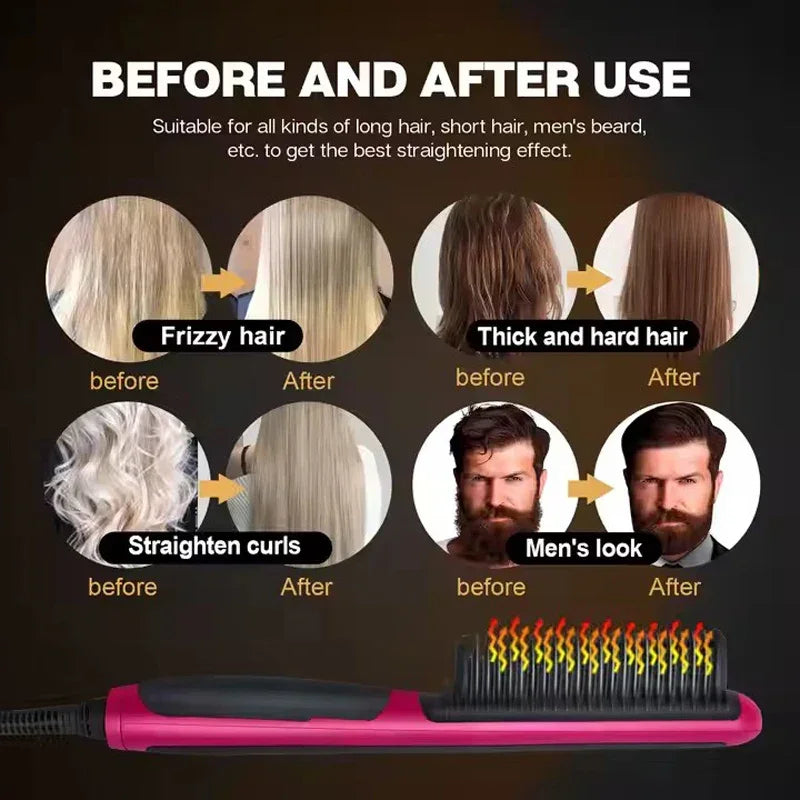 Hair & Beard Straightener Ionic Ceramic Hot Comb Electric Straighten Curling Hair Brush Negative Ion Anti-scalding Styling Tool