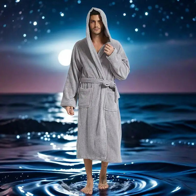 Hooded Bathrobe Men 100% Cotton Long Terry Towel Big and Tall Towel Bathrobe Male Terry Cloth Bath Robe Sleeping Dressing Gown