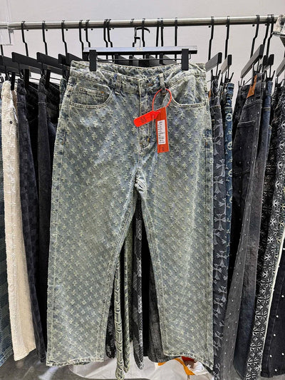 European Designer Jeans Men Ripped Holes Washed Baggy Pants New Fall Straight Fit Wide Leg Bottoms