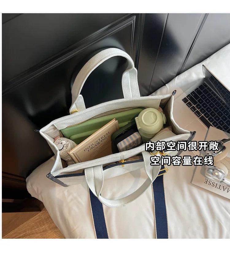 Designer colorblock canvas tote - oversized denim shoulder bag for women stylish work & casual crossbody purse