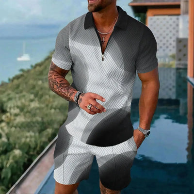 Men's Polo Shirts Short Sleeve Sets Casual Simple Style 2 Piece Outfit Fashion Zipper Tops Shorts Suit Summer Street Clothing