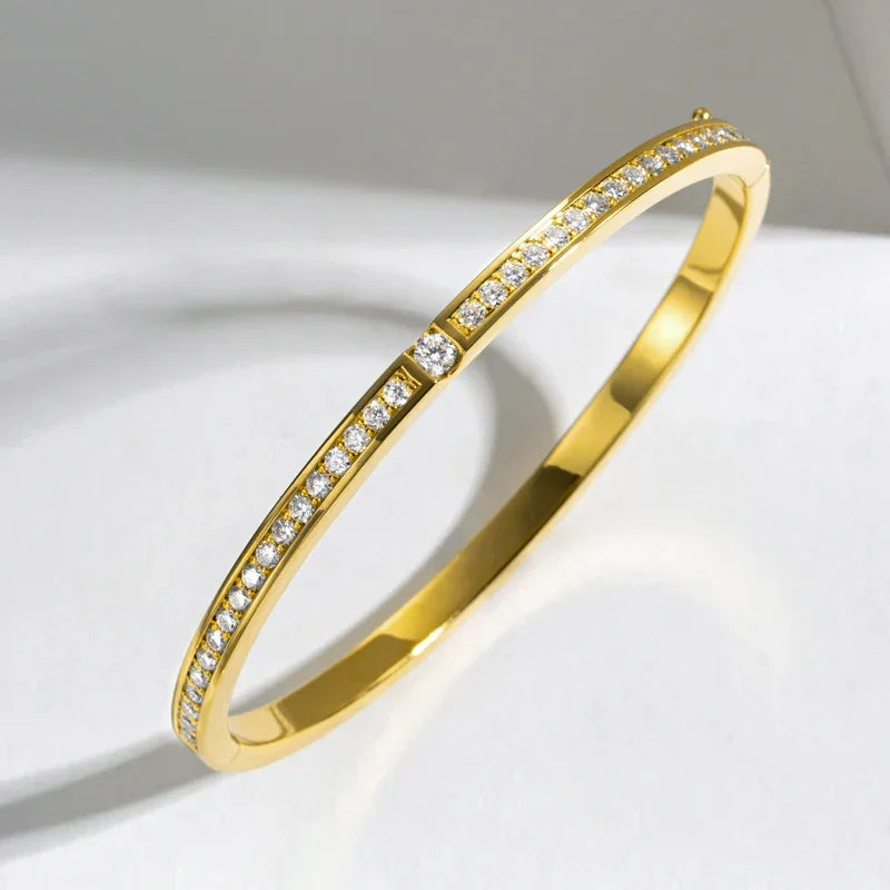 3mm Width Moissanite Bangle for Women Solid Yellow Gold 925 Silver Round Full Tennis Bracelet