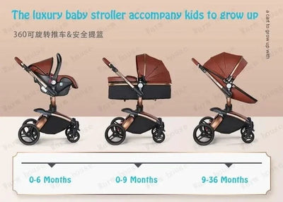 3-in-1 Luxury High-view Baby Stroller with Car Seat Foldable Newborn Baby Stroller PU Leather Two-way Baby Stroller