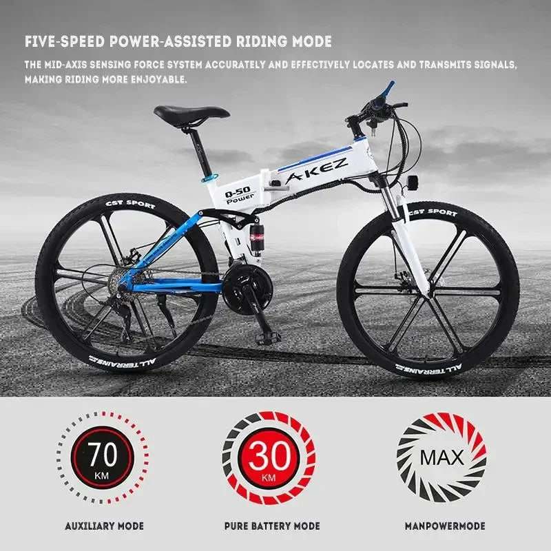 AKEZ Snow Electric Bicycle 350W Motor 10AH Battery 26-inch Thin Tire Urban Traffic E-Bike 30KM/H Folding Mountain Electric Bike
